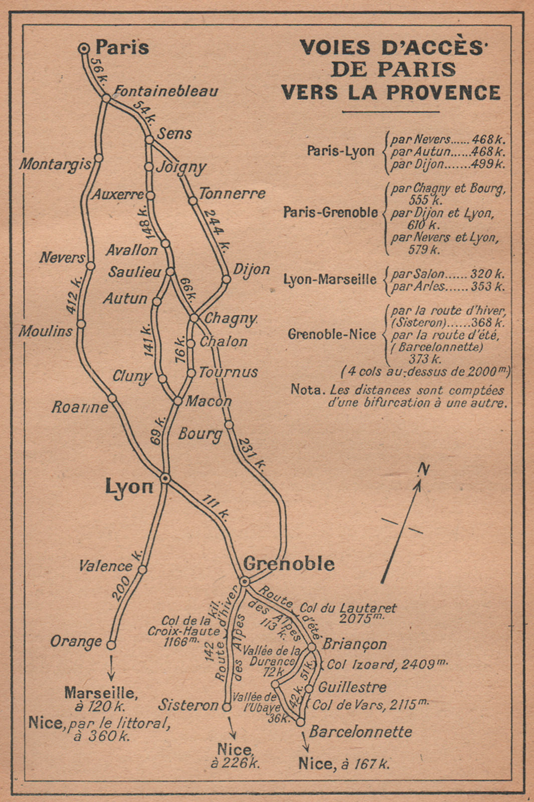 VOIES D'ACCÈS DE PARIS VERS LA PROVENCE (before autoroutes) 1930 old map